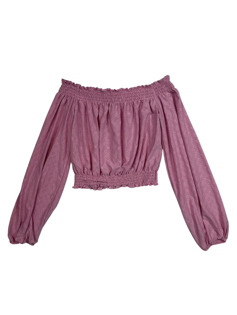 H&M DIVIDED Pink Eyelet Off Shoulder Crop Top Smocked Long Sleeve Size Small - Picture 3 of 6
